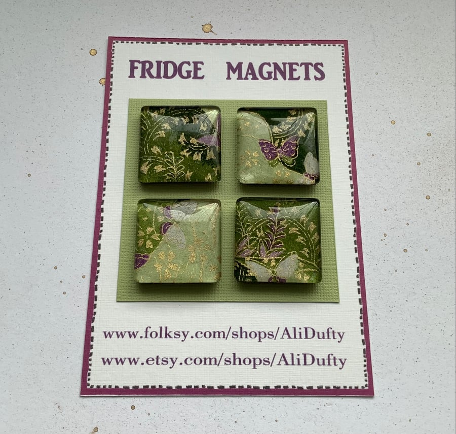 FRIDGE MAGNETS ( set of 4 ) Yuzen . Butterflies .Square. Green, purple .