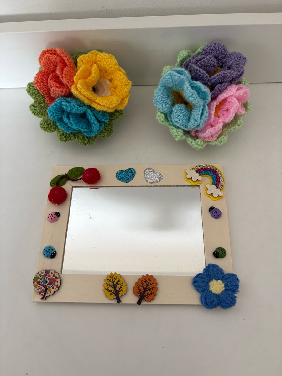 Rainbow and forest decorated wood mirror. 