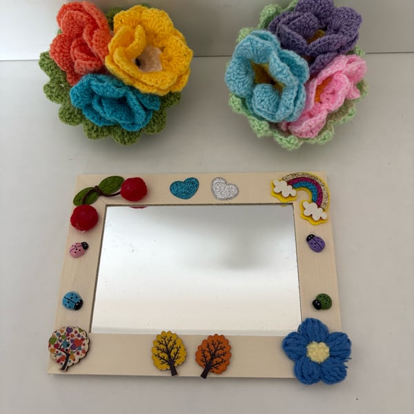 Rainbow and forest decorated wood mirror. 