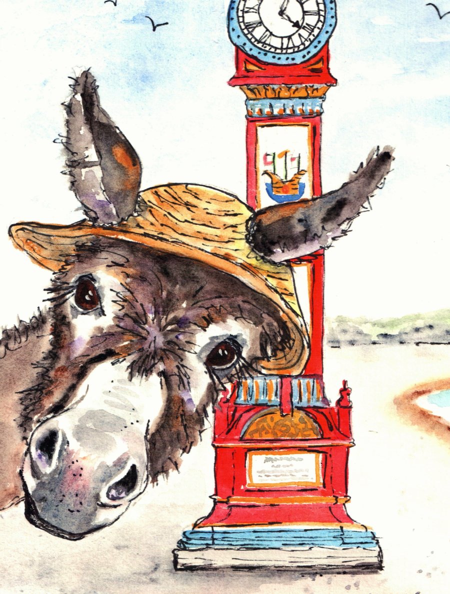 Donkey visiting the Seaside. Beach. Original painting