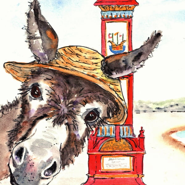 Donkey visiting the Seaside. Beach. Original painting