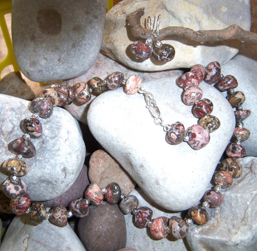 Matching Leopardskin Jasper Necklace and Earrings with sterling silver