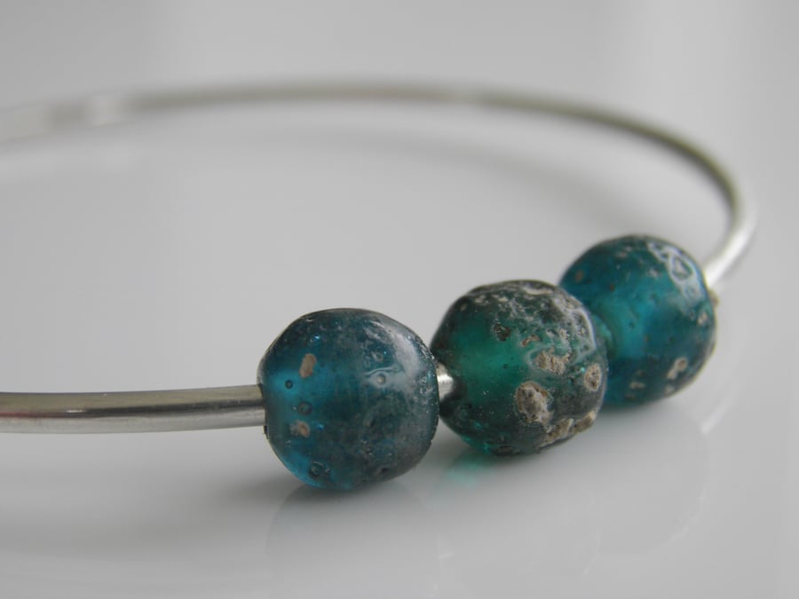 Sterling Silver Bangle Recycled Glass Beads in Teal Green