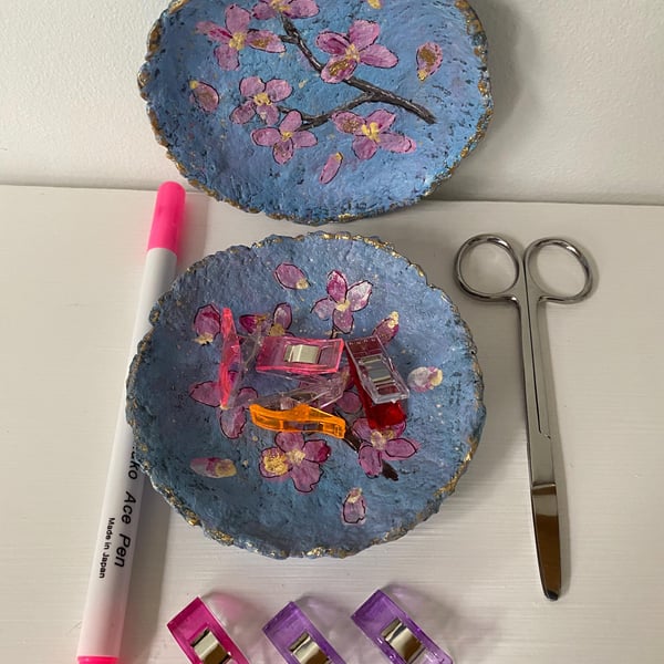 Handmade Paper Mache Trinket Dishes: hand painted Japanese cherry blossom flower