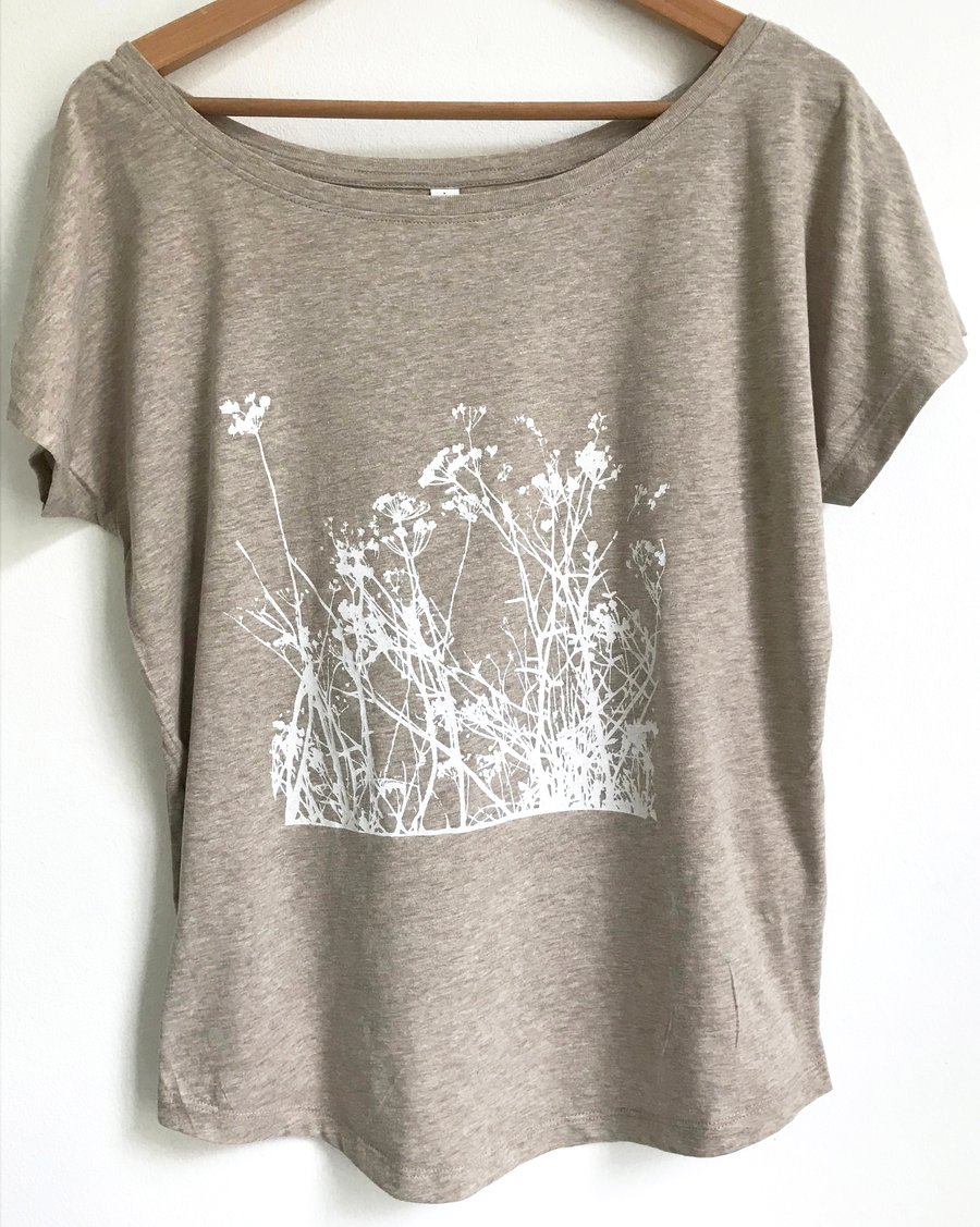 Wild meadow Plants 2 Women's loose fit scoop neck printed T shirt natural marl