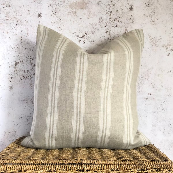 Beige Linen Cushion Cover with White Stripes 18” x 18”