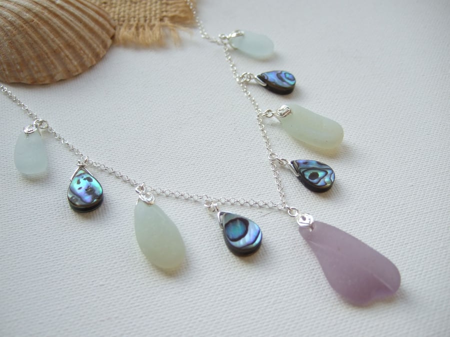 Seaham Opalescent Lavender White Beach Glass Necklace Abalone Beads Sterling 18"