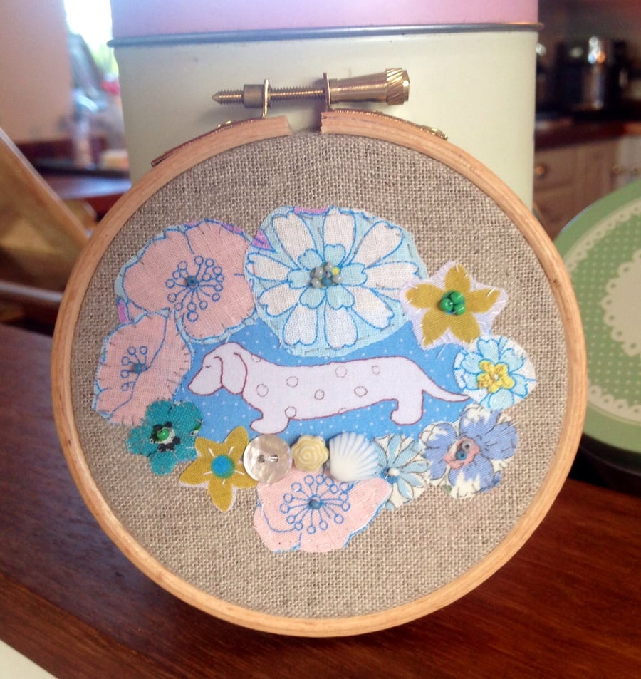 Dachshund Pink And Blue Hand Embroidered Fabric Hoop Picture