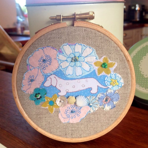 Dachshund Pink And Blue Hand Embroidered Fabric Hoop Picture