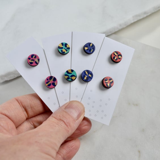 Hand painted colourful leopard print wooden circle ear studs