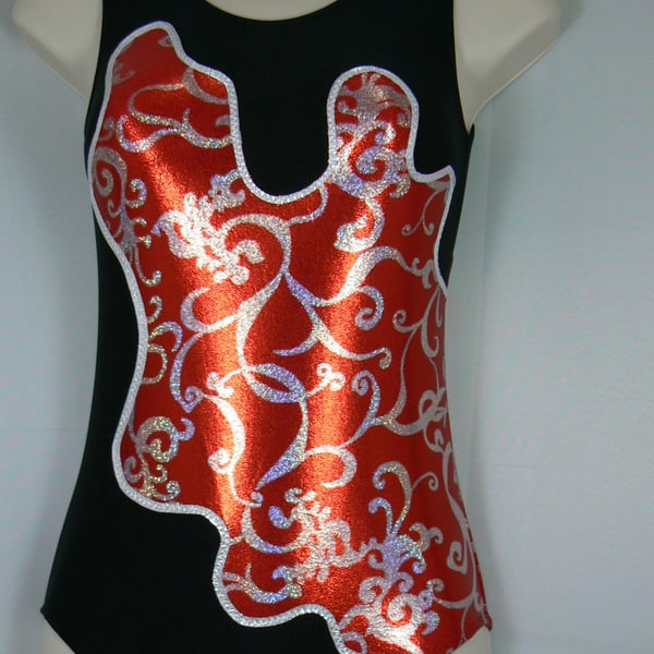 Black gymnastic leotard with red patterned sparkle