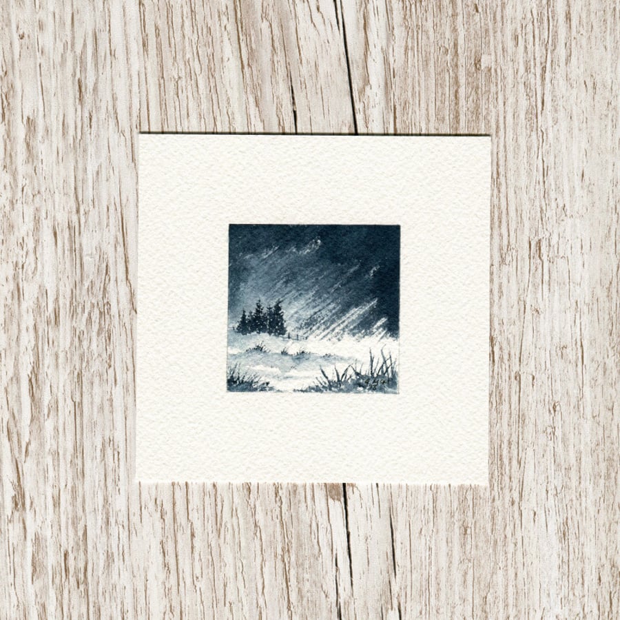 Original watercolour miniature painting of Scottish hills in a snow storm