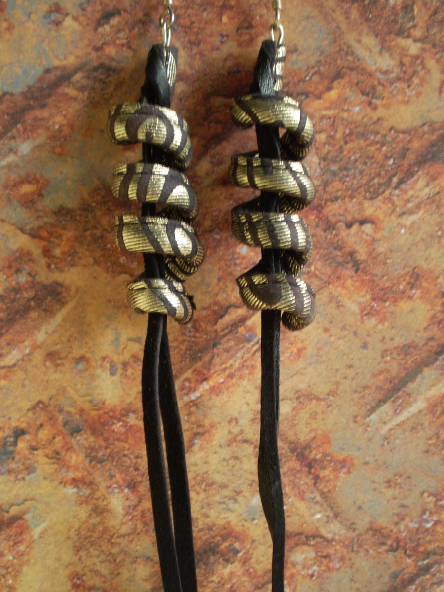  Tassel earrings in Gold and Black recycled leather.