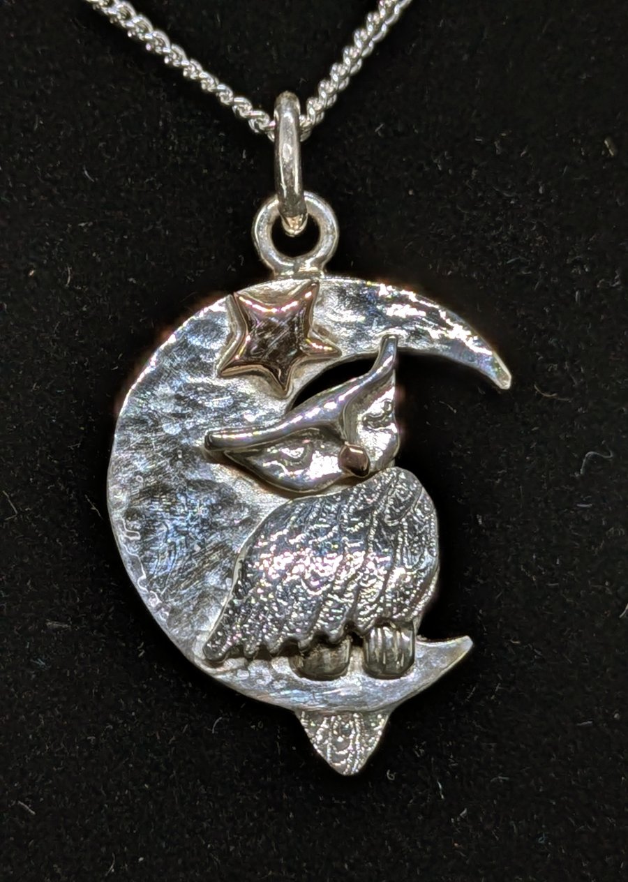 Sterling silver owl pendant, Owl pendant with moon and stars, Moon necklace