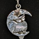 Sterling silver owl pendant, Owl pendant with moon and stars, Moon necklace