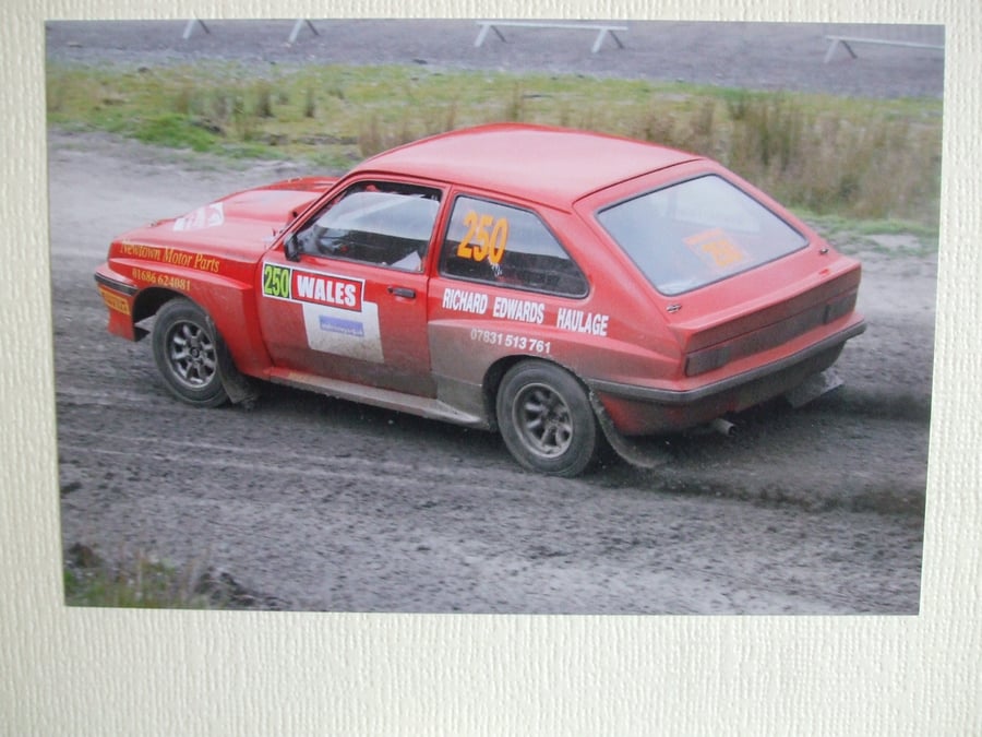 Photographic greetings card of a Vauxhall Chevette HSR Rally car.
