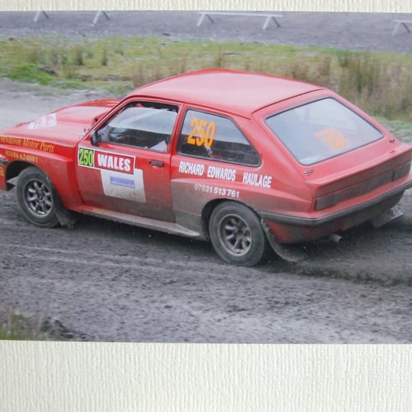 Photographic greetings card of a Vauxhall Chevette HSR Rally car.