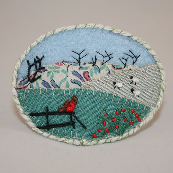 Winter Meadows Brooch Hand Embroidered