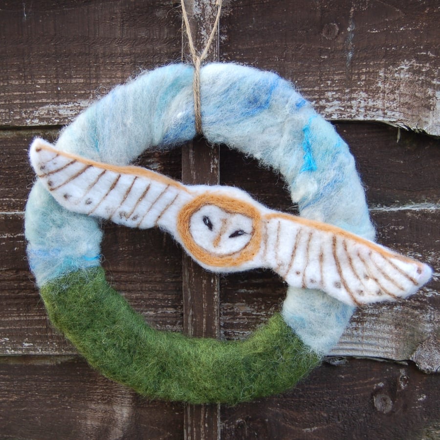 Hunting Barn Owl wreath, hoop, wall hanging.  Needle felt Barn Owl