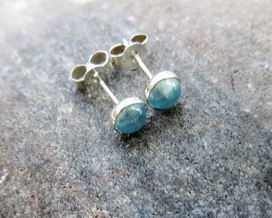 Sterling Silver Stud Earrings with Sky Blue Topaz Cabochons