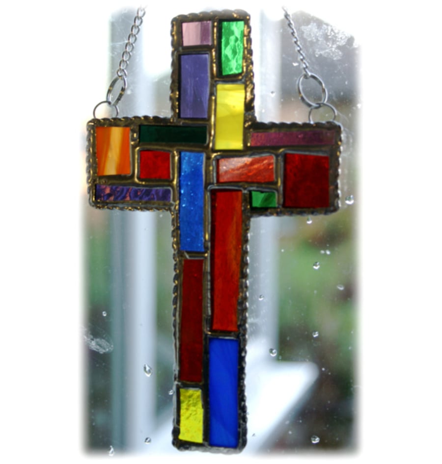 Cross Suncatcher Stained Glass Handmade Patchwork Rainbow