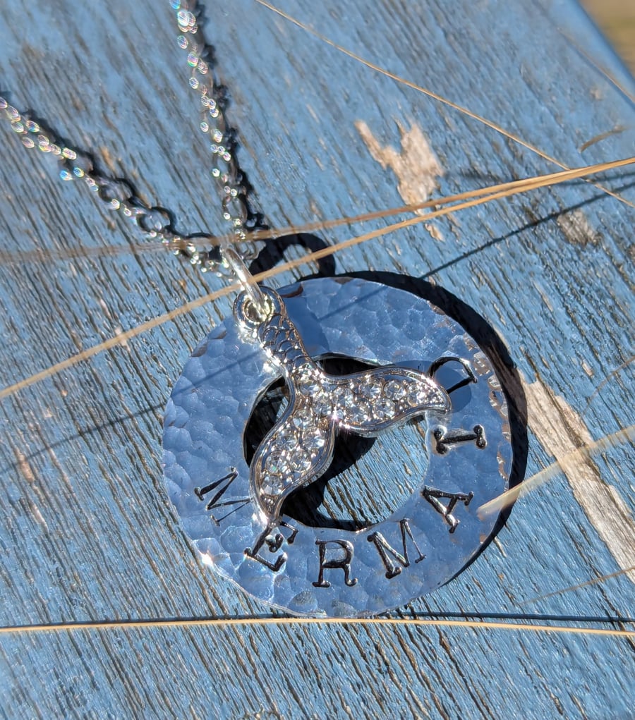 Hand Stamped 'Mermaid' Hammered Washer Pendant Folksy