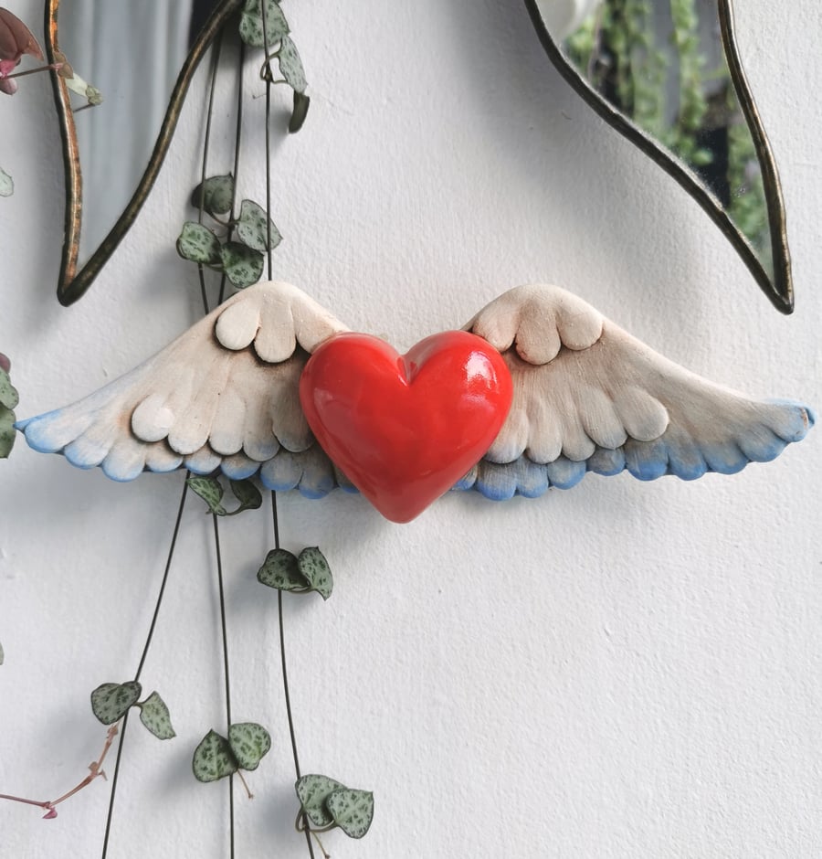 Winged heart, ceramic heart, red ceramic wall art, winged heart sculpture no. 2