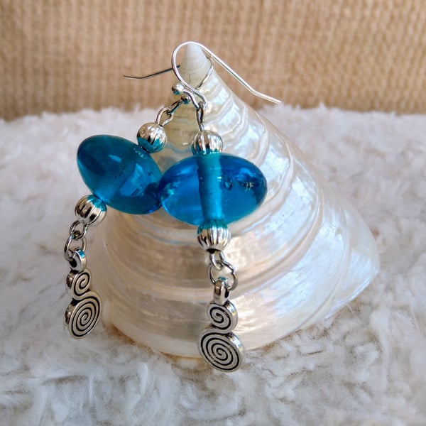Hand made glass Flying Saucer bead & Tibetan silver bead EARRINGS