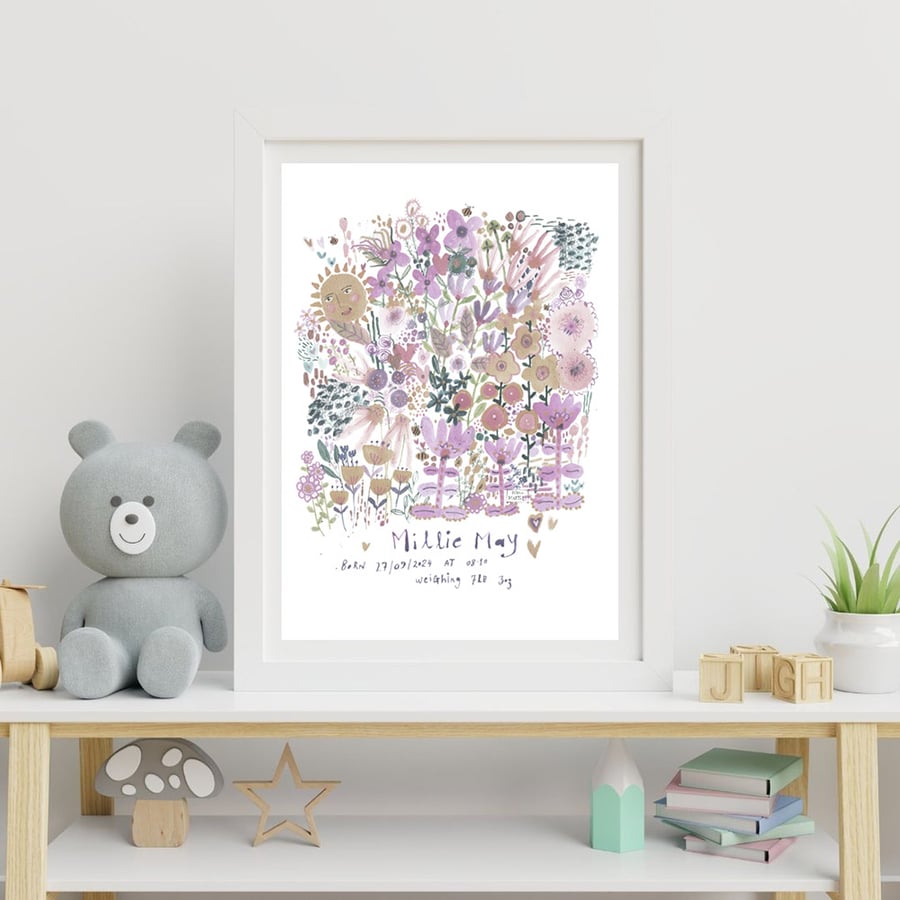 PERSONALISED BIRTH WALL ART. PRETTY FLORAL NEW BABY  . A4 OR A3 . PRINT ONLY 