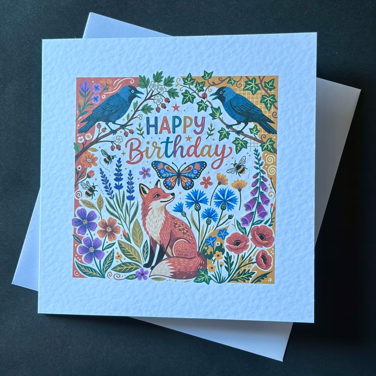Woodland Fox & Jackdaw Birthday Card – Illustrated Nature Greeting Card