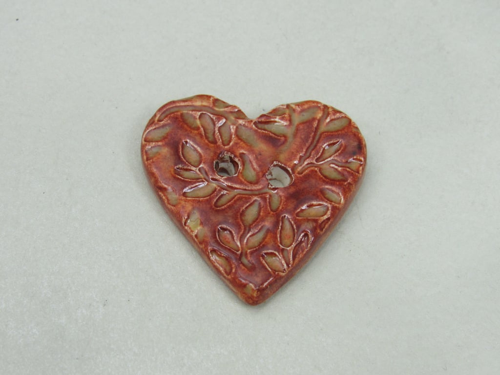 Medium Bright Copper Leaf Sprig Texture Heart Shaped Ceramic Button