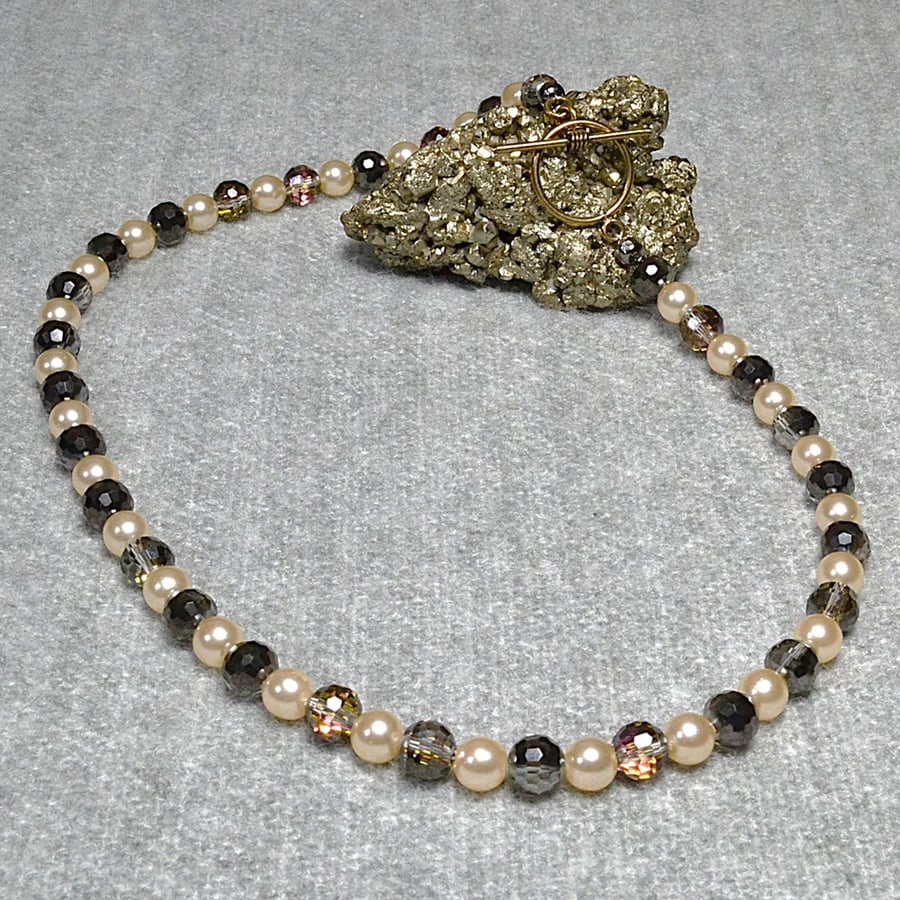 Glass Pearl and Half-Coated Faceted Glass Crystal Necklace