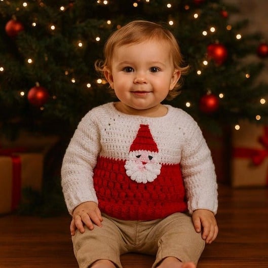 Festive Crochet Baby Jumper Santa Father Christmas, Red White Sweater 1-2 years 
