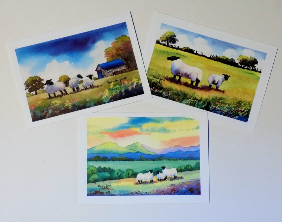  Art Greeting Cards, Sheep, in Welsh Landscapes, Set of 3, blank inside, A5