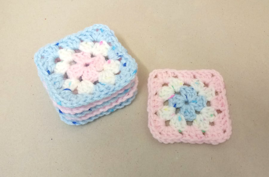 Coasters, Set of six in blue, pink and white, granny square crochet coasters