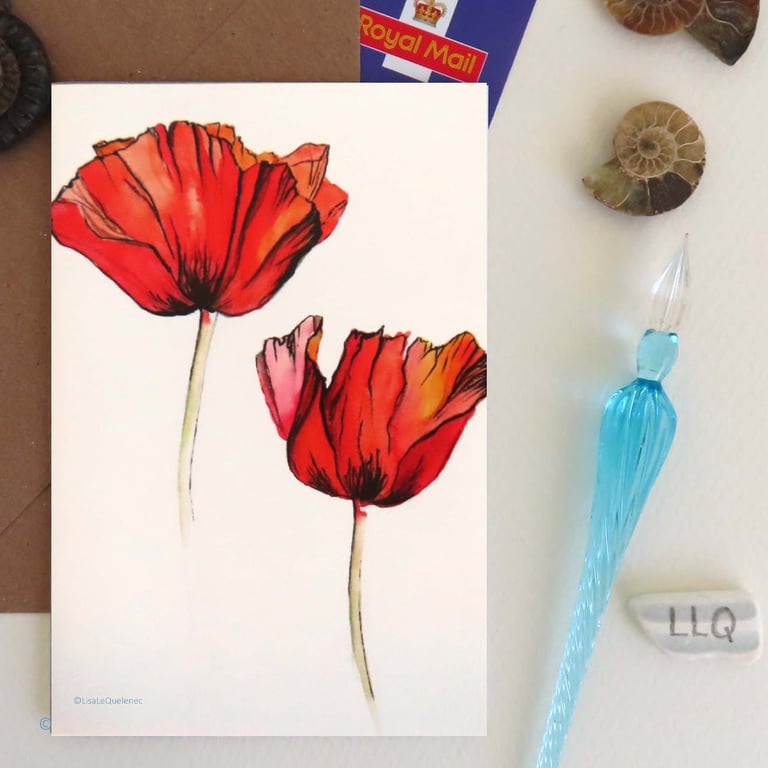Red poppies reproduction blank greeting card plastic free 