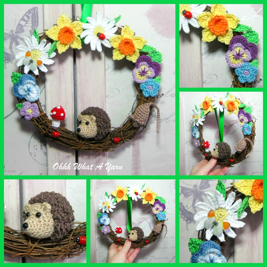 Crochet hedgehog, Spring wreath. Mixed media decorative wreath.