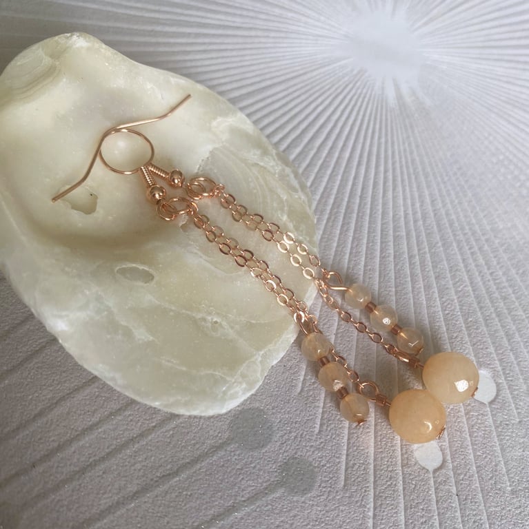 Rose gold plated pink aventurine dangle earrings, Handmade gemstone jewellery