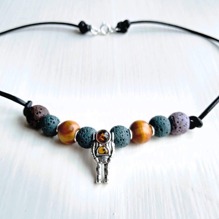 Baltic Amber Sterling Silver Astronaut Pendant & Gemstone Leather Cord Necklace 