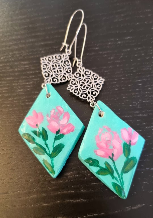 Handcrafted Clay Earrings with Painted Flowers
