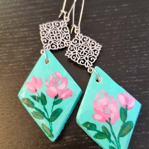 Handcrafted Clay Earrings with Painted Flowers