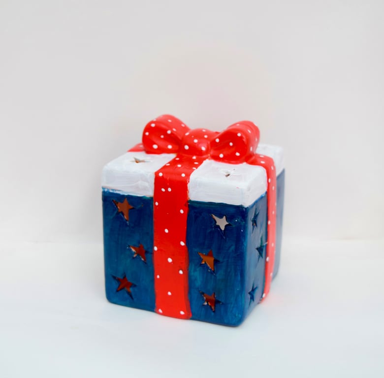 Hand-Painted Christmas Gift Tea Light Holder - Dark Blue Ceramic Christmas Decor