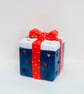 Hand-Painted Christmas Gift Tea Light Holder - Dark Blue Ceramic Christmas Decor