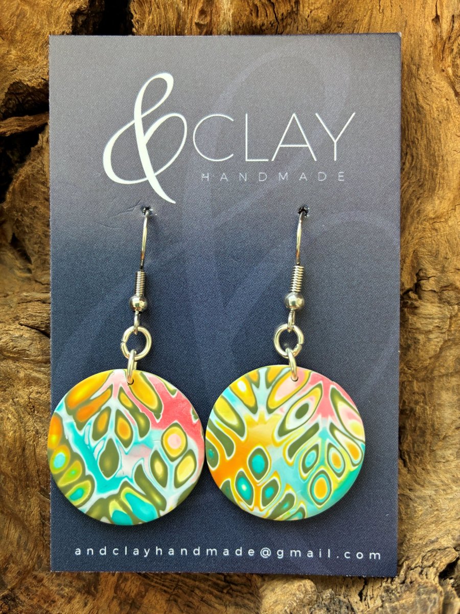 Summer Mustard, Coral, Turquoise, Green and White Mokume Gane Earrings