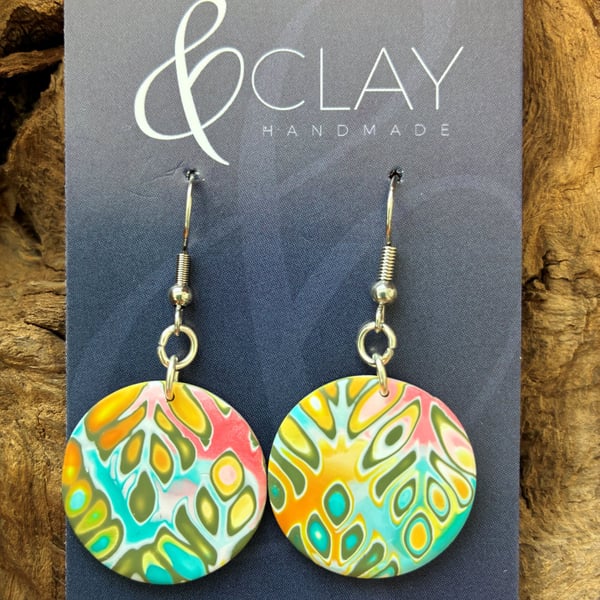 Summer Mustard, Coral, Turquoise, Green and White Mokume Gane Earrings