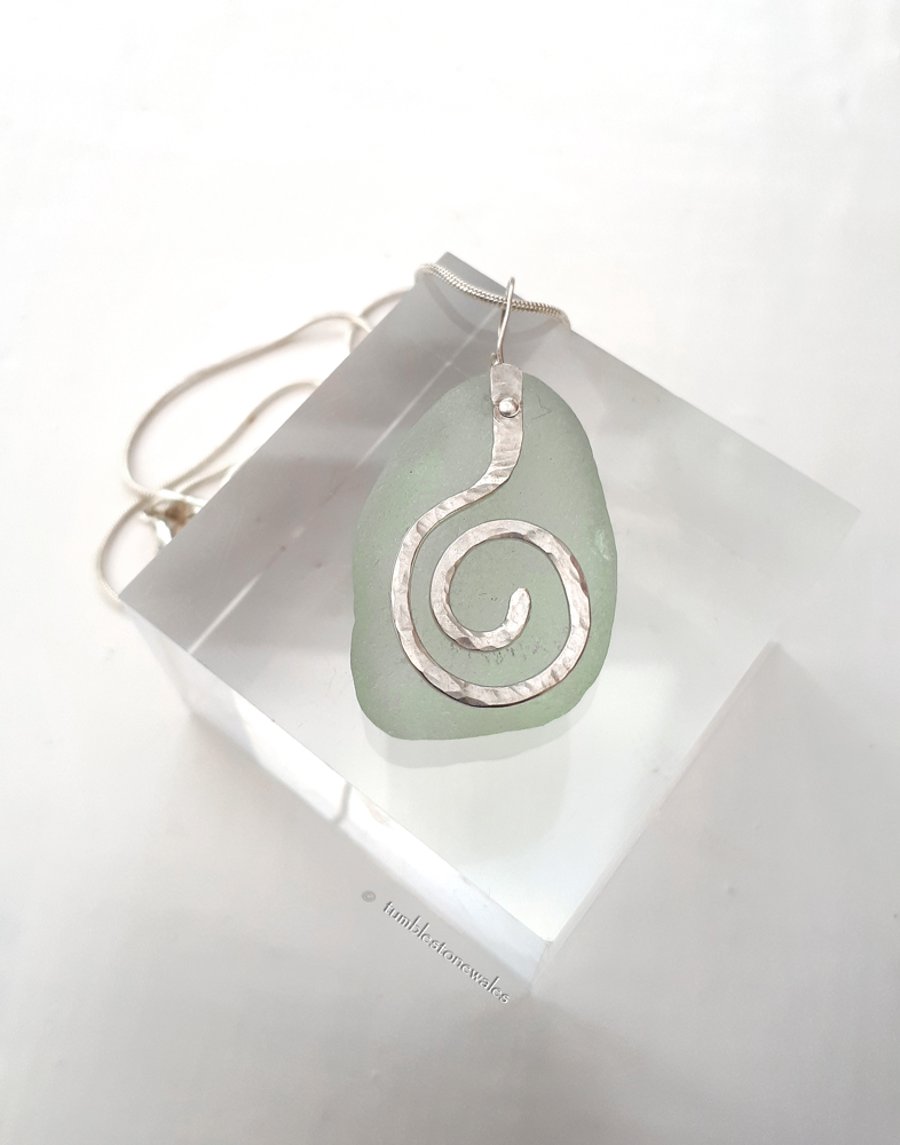 Welsh Pale Aqua Genuine Sea Glass and Sterling Silver Necklace