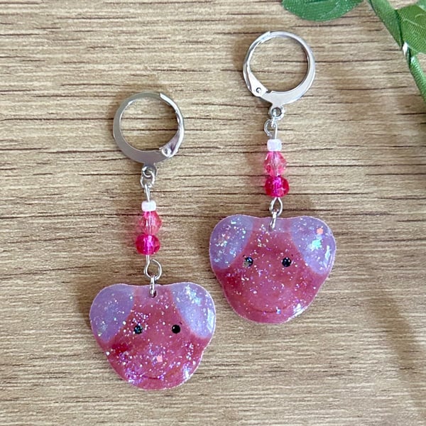 Pink Jelly Pig Candy Earrings - Retro Sweet Foodie Dangle Huggie Hoops