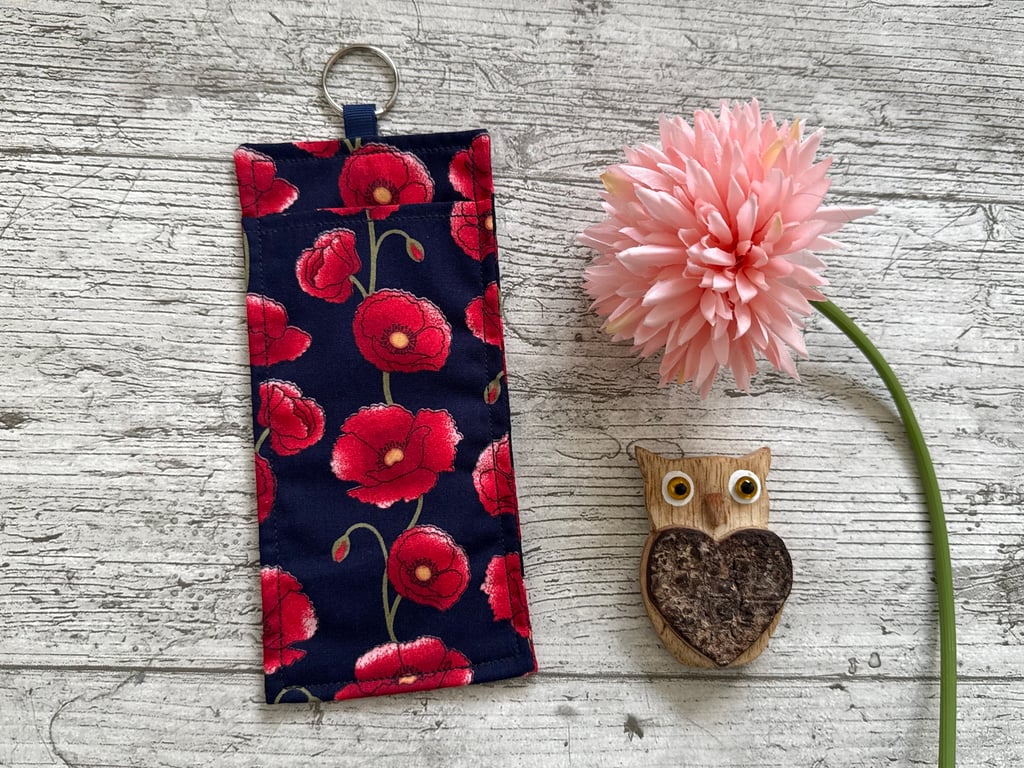 Fabric glasses pouch for lanyards navy poppy design teacher nurse doctor