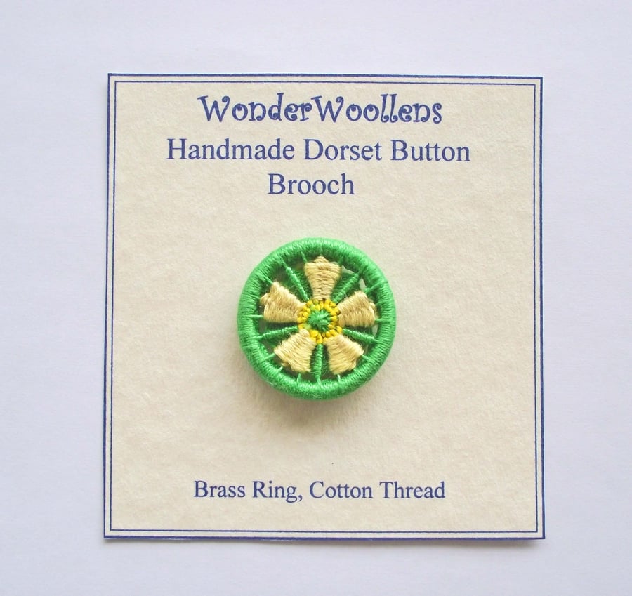 Dorset Button Brooch or Pin, 3.3cm Primrose, Cotton Thread, Brass Ring