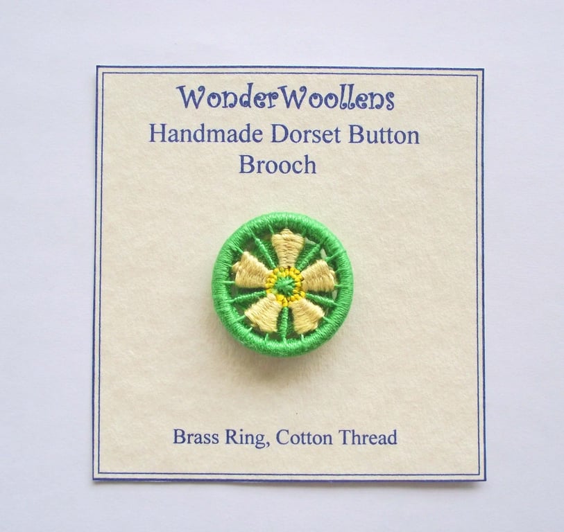 Dorset Button Brooch or Pin, 3.3cm Primrose, Cotton Thread, Brass Ring